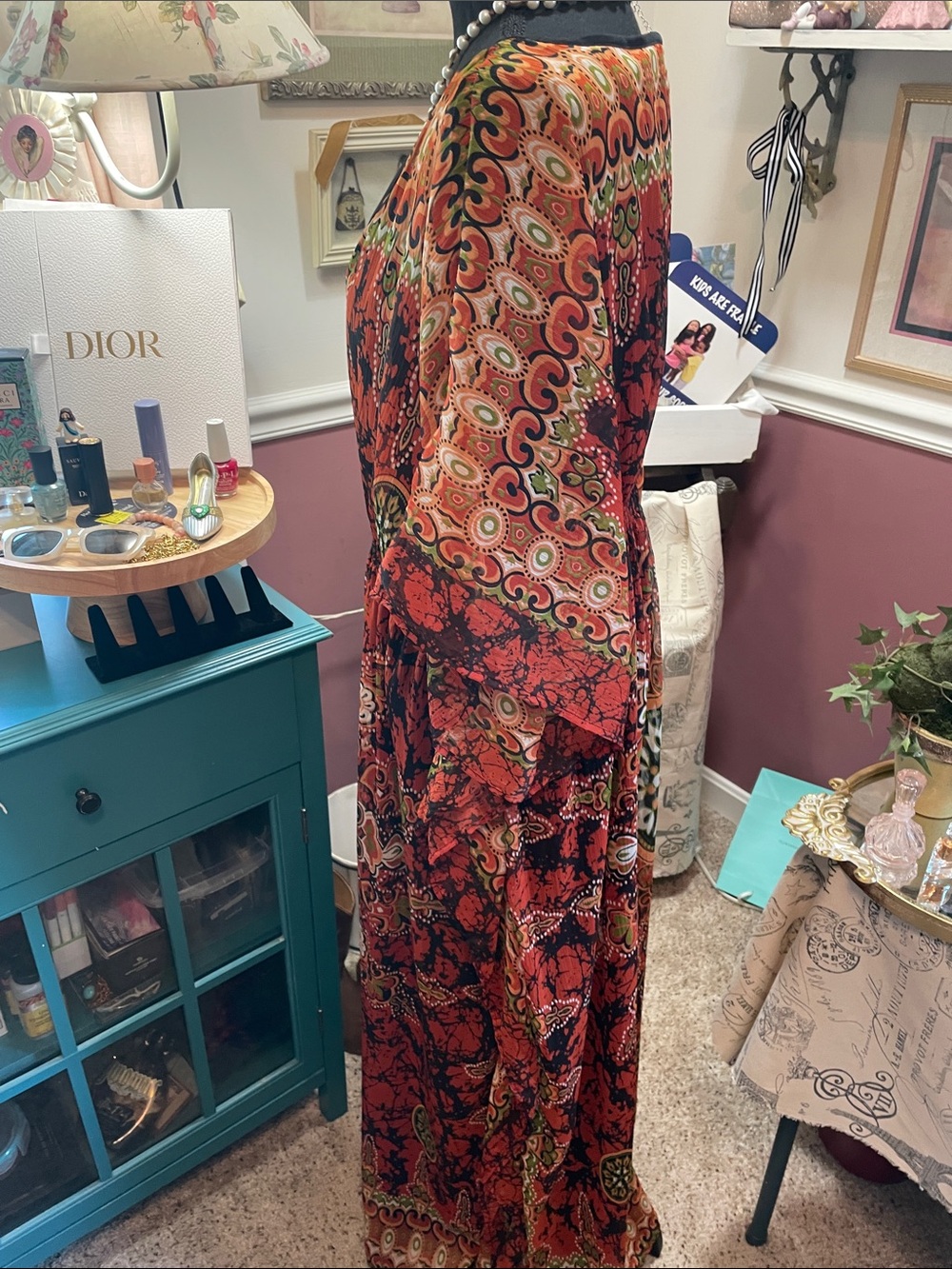 Bohemian V-Neck Floral Maxi Kaftan in Rust Red MPH Collection - Picture 4 of 13